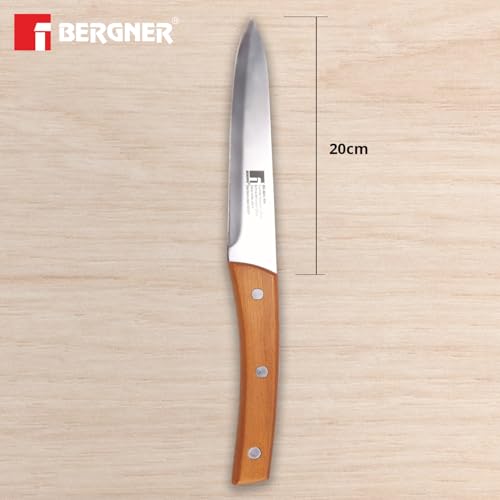 Image of BERGNER Natural Stainless Steel 20cm Slicer Kitchen Knife, for Cutting, Chopping, Slicing etc, Sharp Blade, Food Grade, Non-Toxic Stainless Steel Material, Mirror Finish, Wooden Handle, Non-Slip Grip