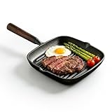 BORDEAG Gusseiserne Grillpfanne 22x22 cm, Steakpfanne mit Ausgießer und Holzgriff, PFOA-frei, Induktionsgeeignet für Mehrere Herdarten
