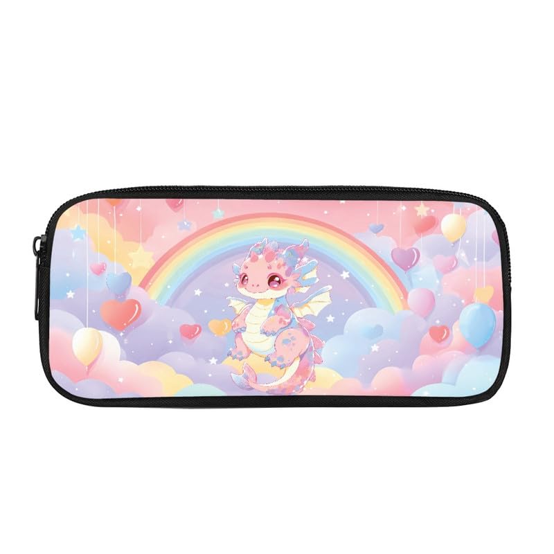 Kuiaobaty Pink Dragon Print Pencil Case for Girls Zipper Pencil Pouch, Rainbow Hearts Primary School Students Durable Stationary Bag