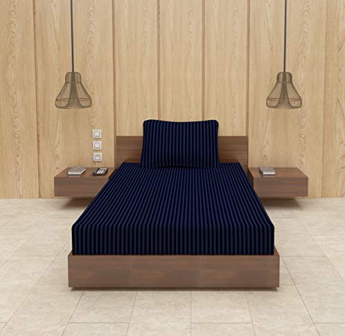 Image of BEVI - Home Premium Self Striped Single Bedsheet with 1 Pillow Cover 300 TC Ultra-Soft 300 TC Microfiber Bed Sheet| Size (60 inch x 90 inch) Navy Blue