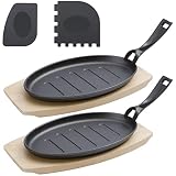 valuents Servierpfannen aus Gusseisen extra Groß mit 27cm – Grillpfännchen inkl FSC Holzuntersetzer 32cm – Servierpfännchen – Set aus 2 Gusspfännchen +Plus: 2 Schaber