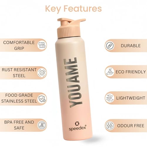 Image of Speedex Customised Stainless Steel Water Bottle 1 Ltr with Name - Personalised Engraved Sipper Cap Bottle for Kids, Men & Women, School, Gym, Office Peach Orange, Set of 1