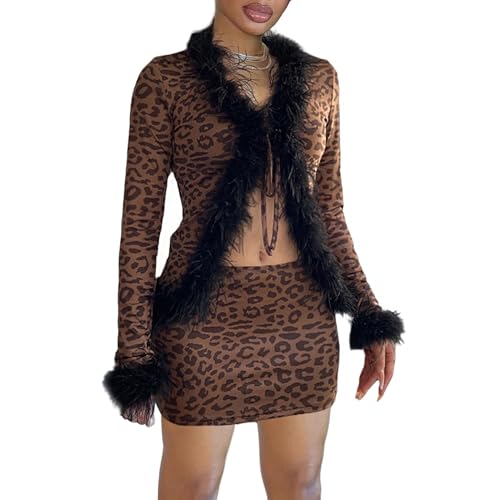 Image of Women Sexy 2 Piece Outfits Rave Tie-up Feather Trim Fur Long Sleeve Cardigan Deep V Blouse