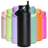 Elemental Core - Botella de agua aislada de acero inoxidable de doble pared con popote y correa de transporte, mantiene las bebidas frías durante 24 horas, 40 onzas, color negro