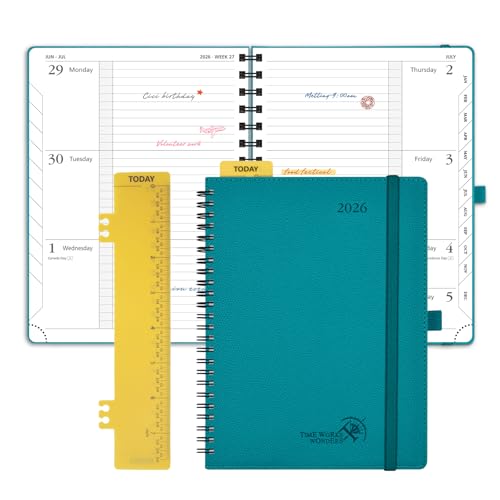 POPRUN Diary 2026 Week to View A5 (22x16.5 cm) Soft Cover Spiral Diary 26 Appointment Horizontal Weekly Work Planner, Monthly Tabs, 100GSM Paper (Pacific Green)