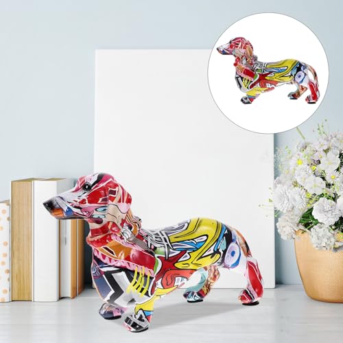 Statue de teckel décoration maison en résine style chien graffiti multicolore