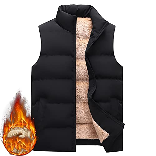 Uofoco Workout Short Fall Sleeveless Vest Men Trending Solid Baggy Lightweight Coat Zip Fur Lined Mock Neck Vest Men Black #TOP5