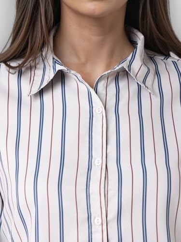 Image of Style Quotient Women Beige White Stripe Printed Formal Shirt
