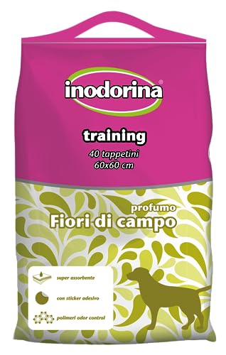 Inodorina Tappetini igienici per Cani (60x60 cm, 40 Pezzi, Fiori di Campo) – Traversine profumate Super assorbenti in Pura cellulosa Vergine – con polimeri Odor Control e Sticker Antiscivolo
