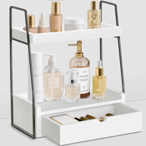 VOOTTOU 2-Tier Bathroom Counter Organizer with Drawer, Wood Bathroom Organizers