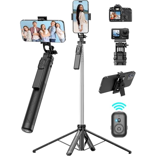 TUXOIUBA Professional Selfie Stick Tripod, 180cm Extendable 4-Leg Stand with Bluetooth Remote, Anti-Shake Travel Mobile Tripod Stand for gopro and Cameras