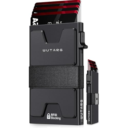 WUTARG Tarjetero Hombre RFID Cartera Slim Metálica, Billetera Minimalista Antirrobo, Clip Billetes, Protección NFC, Regalo Caballero, 12 Tarjetas - Aluminio 6061 (Carbon Matte)