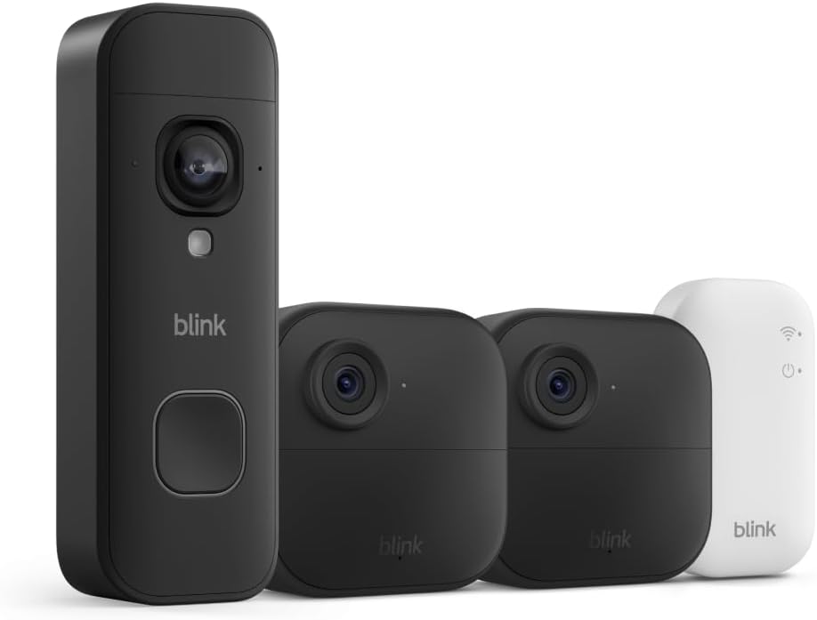 Blink Outdoor 4 and Battery Doorbell 2K+ (newest model) — Two-year battery 1080p cameras and 2K battery doorbell. Sync Module Core included — 2 Cameras + Doorbell (Black)