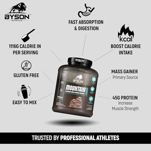 Image of Byson Nutrition Mountain Ultimate Mass Gainer | Premium Lean Gainer | High Calorie Drink | Bulk Weight Gain | 1116 Calories | 45g Protein | 3g Creatine | 900mg Glutamine (7lbs, Americano Cafe Mocha)