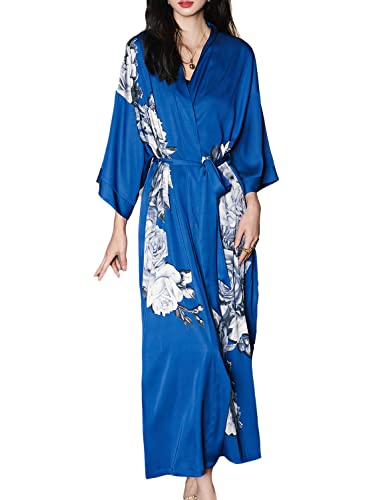 Womens Nightwear Satin Kimono Robes Long Flower Print Dressing Gowns, Royal Blue