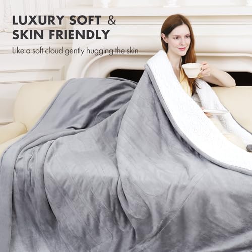 Electric Blanket Throw 50" x 60" - Soft Flannel Sherpa Heated Blanket Throw with 5 Heating Levels & 4 Hours Auto Off, Electric Lap Blanket as a Gift for Grandma, Machine Washable (Grey)