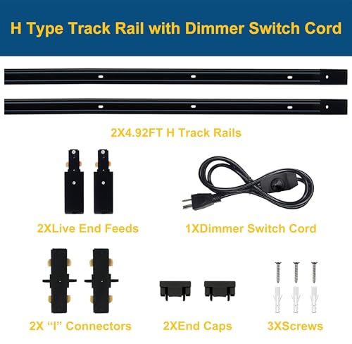 Image of Black H Type Track Lighting Rails with Dimmer Switch Cord 2PCS 120V Single Circuit 3-Wire H Track Rail Black 9.84FT (4.92 * 2FT) Made of Aluminum and Flame Retardant PVC Strength Guarantee