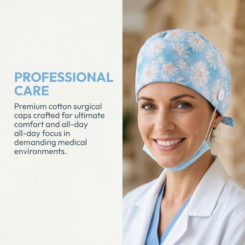 Ziyonix 4 Stück Op Haube mit Knöpfen, Baumwolle Krankenschwester mit Schweißband, Bandana Arbeitskappen Verstellbare Chirurgische Hut für Frauen und Männer (B)