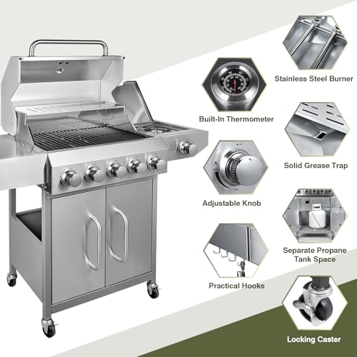 Image of Bestfire 68,000 BTU 5 Burner Propane Gas Grill with Side Burner-Professional-Grade Stainless Steel Outdoor BBQ Grill-647 sq in Cooking Space&Porcelain Cast Iron Grrates-Patio Cart Design for Backyard