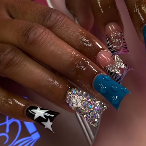 Image of Blue Press on Nails Star Fake Nails Duck Nail Press ons with Rhinestone Butterfly Charms Design French Tip Summer Stick on Nail for Women Manicure 24Pcs