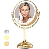 VESAUR 8.5'' Large Gold Lighted Makeup Mirror, 1X/10X HD Undistorted Magnifying Vanity Mirror with 3 Color Dimmable Lights, 360°Swivel 2-Sided Seamless Make Up Mirror, Premium Nickel Gift, Bright Gold