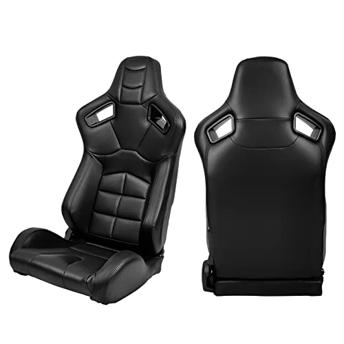 Ikon Motorsports, Universal Racing Seats With Dual Sliders, Reclinable Perforated Black Pu Leather Sport Bucket Seats, 1 Pair Driver + Passenger Side #TOP1