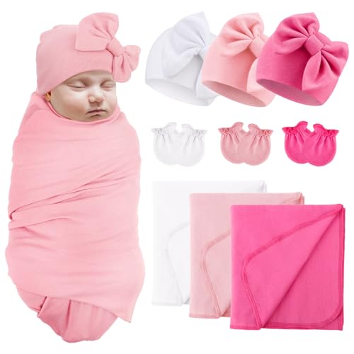 Image of AQOKKA Newborn Receiving Blanket with Bow Hat Mittens Set Nursery Swaddle Wrap Toddler Swaddles for Newborn Baby Boy Girl