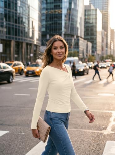 Lepunuo Tops for Women Trendy Long Sleeve Asymmetrical Neck Slim Fit Ribbed Knit Fall Y2K Going Out Casual Work Shirts A - Apricot — view 3