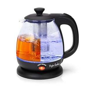Taylor Swoden Wasserkocher Klein 1 Liter, Wasserkocher Glas Led, 2200W Teekocher Elektrisch, Warmhaltefunktion, Herausnehmbarer Filter, BPA FREI, für Reisen, Küche Wohnmobil oder Büro