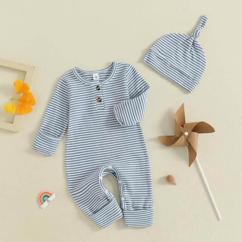 pengnight Newborn Baby Boys Girls Clothes Long Sleeve Ribbed Knit Striped Romper Bodysuit Jumpsuit Hat Coming Home Outfit4