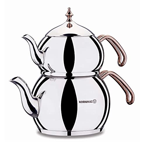 korkmaz Hanedan Rosegold Turkish Teapot Set for Stove Top, Stainless Steel Tea Pot Set, Samovar Style Tea Kettle, 3.3 qt
