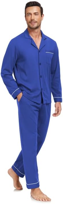 COLORFULLEAF Men's 100% Cotton Pajama Set Long Sleeve Button Down Top & Pants Soft Breathable Loungewear with Pockets(Cobalt Blue,L) - Image 2