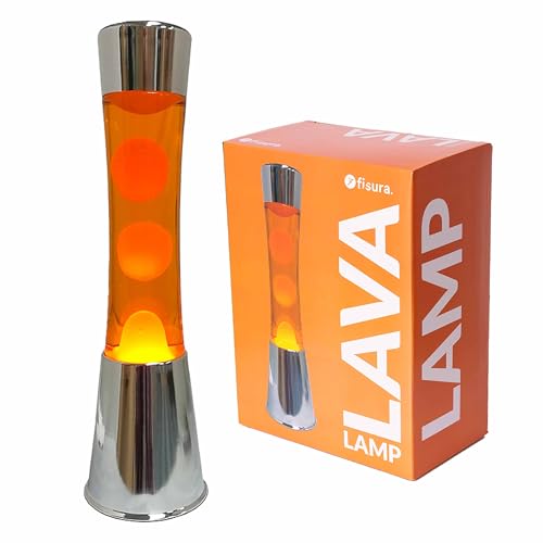 Fisura - Lampada lava arancione. Base cromata argento, liquido arancione e lava. Lampada ad effetto rilassante. Con lampadina di ricambio. 11 cm x 11cm x 39,5 cm.