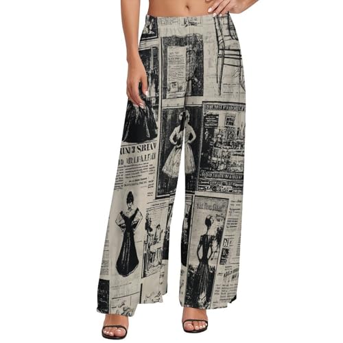 Newspaper Print Women's Wide Leg Pants Casual High Waist Stretchy Lounge Pants Summer Beach Trousers