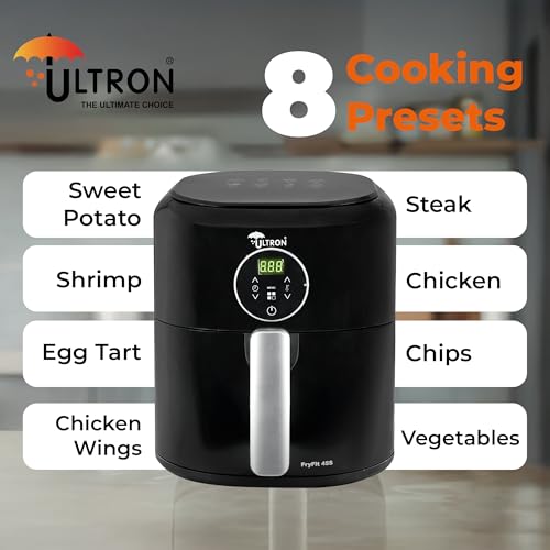 Image of Ultron Air Fryer Digital 4.5 L FryFit 45S, 1200W Oil-free Cooking | Instant Electric Air Fryer for Home, Rapid Hot Air Circulation, Fry, Grill, Roast, Steam, and Bake | 1 Year Warranty (Black)