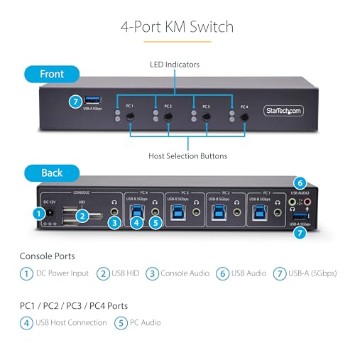 Startech.Com Switch Km A 4 Porte Con Commutazione Del Mouse, Switcher Usb 3.0, Condivisione Tastiera/Mouse, Audio 3,5 Mm/Usb - 4