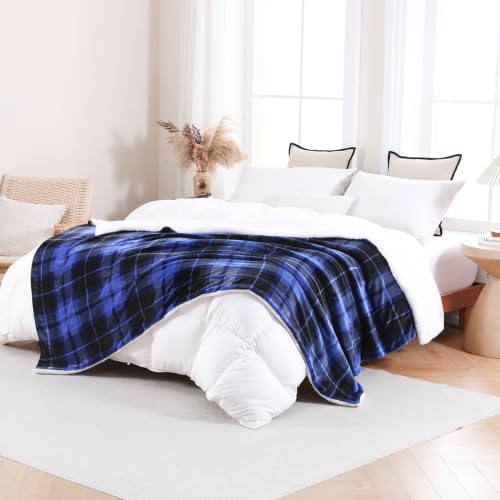SOCHOW Karierte Sherpa Decke Kuscheldecken 150 x 200 cm, Blau – Ansicht 6