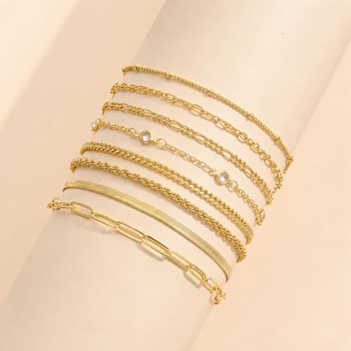 Image of iF YOU Gold Ankle Bracelets for Women, 14k Gold Plated Waterproof Cuban Link Chain Anklets Set, Layered Anklet Bracelets for Women Beach Gift Adjustable Size 5pcs