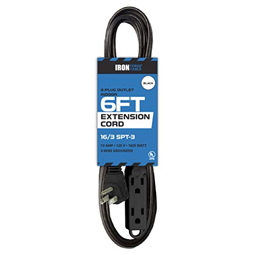 6 Ft Extension Cord with 3 Electrical Power Outlets - 16/3 Durable Black