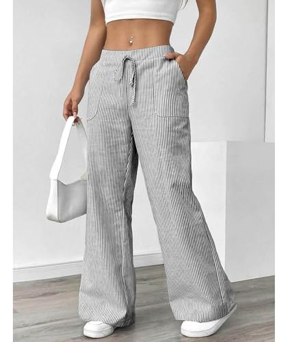 SEMATOMALA Women's Striped Wide Leg Lounge Wear Pants Elastic Waist High Waisted Trousers with Pockets4