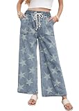 CHARTOU Women Baggy Wide Leg Drawstring Jeans Flare Elastic High Waist Star Printed Jeans Loose Denim Pants (Small,Blue)