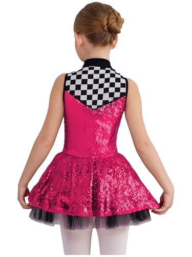 Girls Racer Cheer Leader Uniform Sequins Sleeveless Checkered Splice Leotard Tutu Skirts2