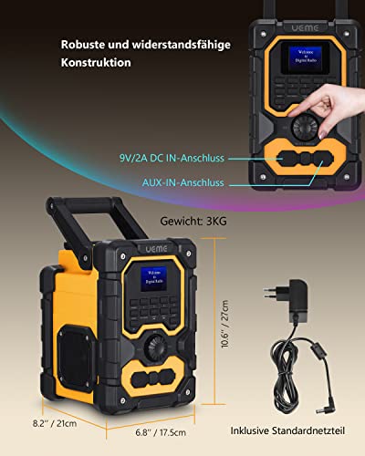 UEME Baustellenradio Robustes DAB+ FM Radio mit Bluetooth,Ladestation und Aux Anschluss DB-1005 (Gelb-Schwarz)
