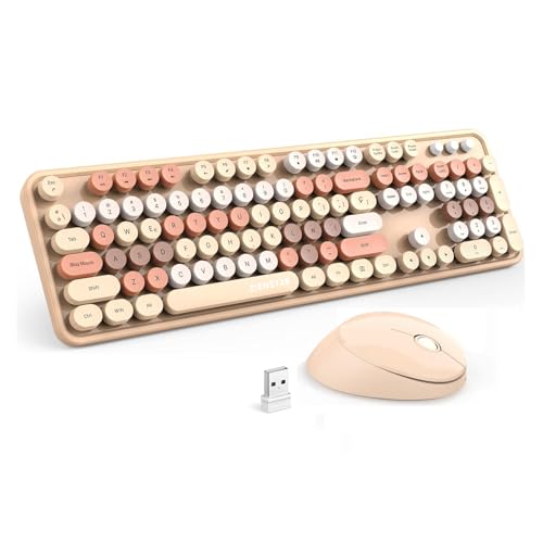 Zienstar-Pack de Teclado y Ratón Inalámbrico Español,Tecla Redondas Retro Vintage,Multicolores-Marrón