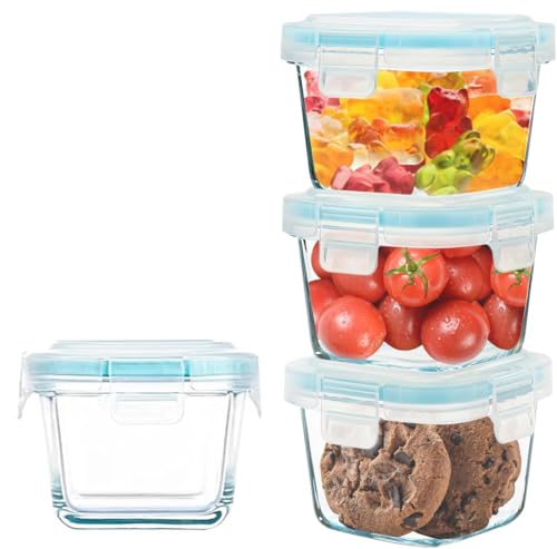 Small Glass Containers 4 Pack, 6 oz Reusable, Airtight, Leakproof Mini Food Storage Containers with Lids, Microwave, Freezer and Dishwasher Safe