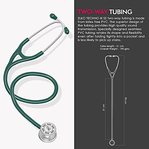 Image of ELKO EL-170 TECHNO III SS Stainless Steel Acoustic Stethoscope | Adult & Pediatric Stethoscope With Double Sided Chestpiece | Two-Way PVC Tubing | Doctors & Medical Students (Green)
