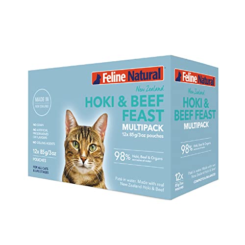 Feline Natural Grain-Free Pouches, Hoki & Beef Feast 3oz Perforated Box