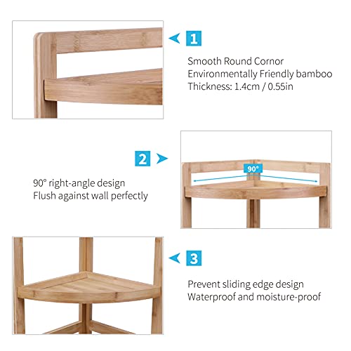 Greehomede 3 Tier Bamboo Corner Shelf Storage Rack, Free Standing Corner Rack Multipurpose Shelving Unit, Living Room Bathroom Kitchen Shelf Storage, 33.5'' #TOP3