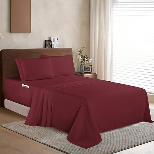 Elegant Comfort Luxury 1500 Premium Hotel Quality Microfiber 4-Piece Sheet Set - Soft, All Around Elastic 18-24 Inches Deep Fitted Sheet - Extra Deep Pocket Sheets, Twin/Twin XL, Burgundy