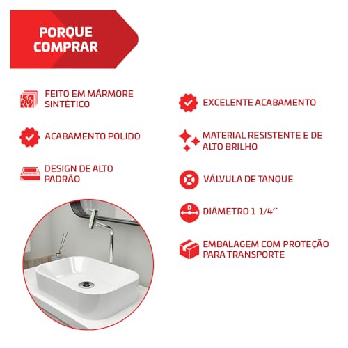 Cuba Pia Retangular Marmorite De Apoio Luna Branca 36x27cm Com Válvula Inox Para Banheiro